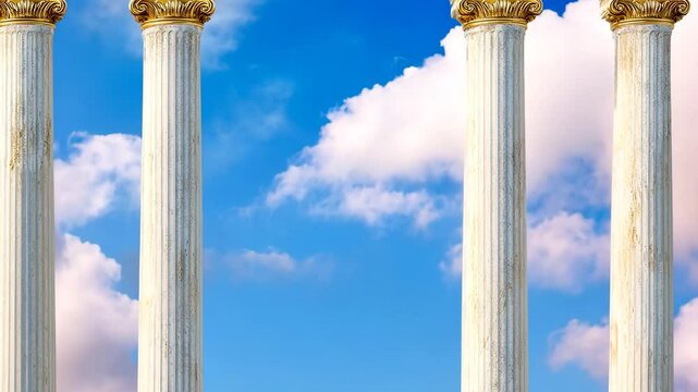 Majestic Ancient Structure Four Classical Columns with Ornate Capitals Against Vibrant Sky Filled with Fluffy Clouds, Evoking Grandeur and Timelessness in Architecture