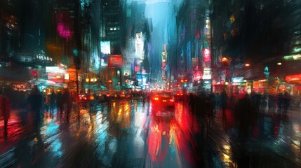 Obraz premium Bright City Lights at Night in Urban Street Scene with Reflections