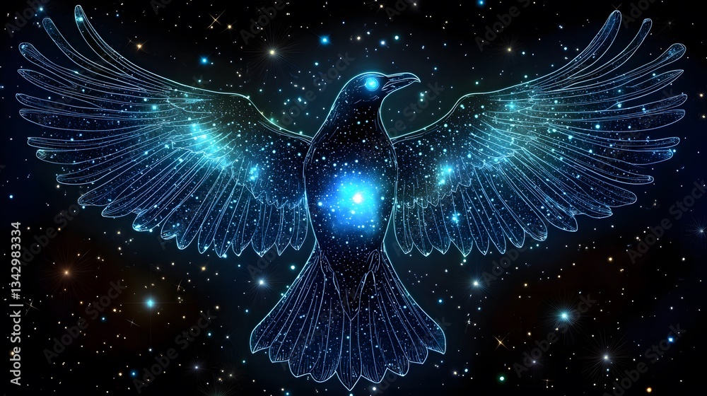 Poster a giant glowing raven with galaxy patterns in its feathers, spreading its wings in a cosmic void