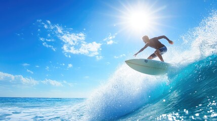 Surfer riding wave, vibrant blue ocean, sunny sky