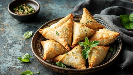 Freshly baked samosas served on ornate plate with garnish and spices on table