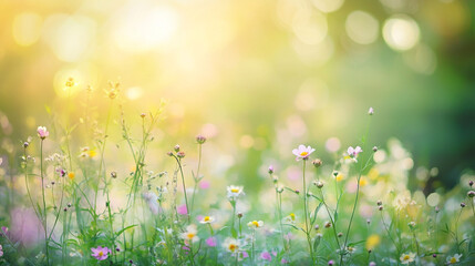 Fototapeta premium A serene countryside view of a spring meadow at sunrise, Sunlight shining through the grass, illuminating small white flowers in springtime season, Dreamlike mystical gardens with vibrant flowers.