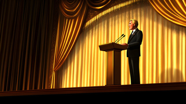 Solemn man in formal suit delivering a eulogy speech at a podium under soft spotlight with focused attention from the audience present.
