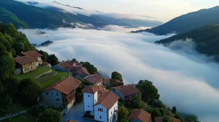 Fototapeta premium Rolling waves of fog cascading over the rooftops of a small village in the valley, creating a floating illusion 