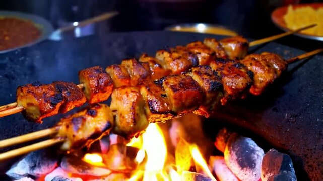 Close-up of sizzling kafta skewers on a charcoal grill, smoky ambiance with flames and glowing embers, rich textures of meat and spices
