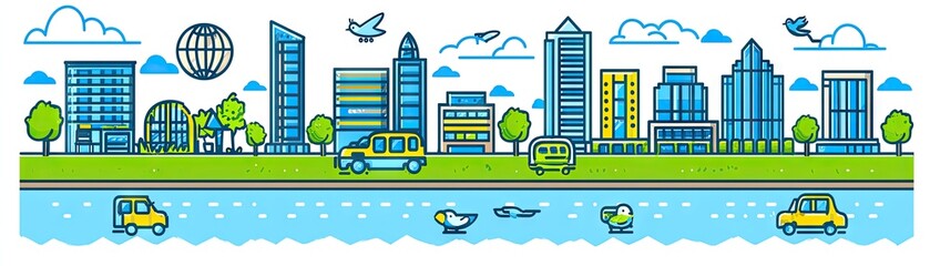 Cityscape with vehicles, park, and river. Possible use Stock photo