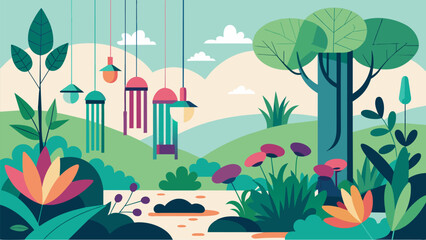 A garden filled with wind chimes and melodic plants creating a soothing soundscape for visitors.. Vector illustration