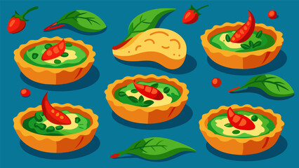A spread of miniature quiches filled with spinach and feta cheese elegantly garnished with red pepper strips.. Vector illustration