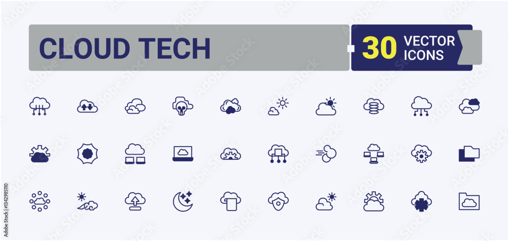 Poster cloud tech icon set in linear style. contains such icons as networking, server, system, compute, sto