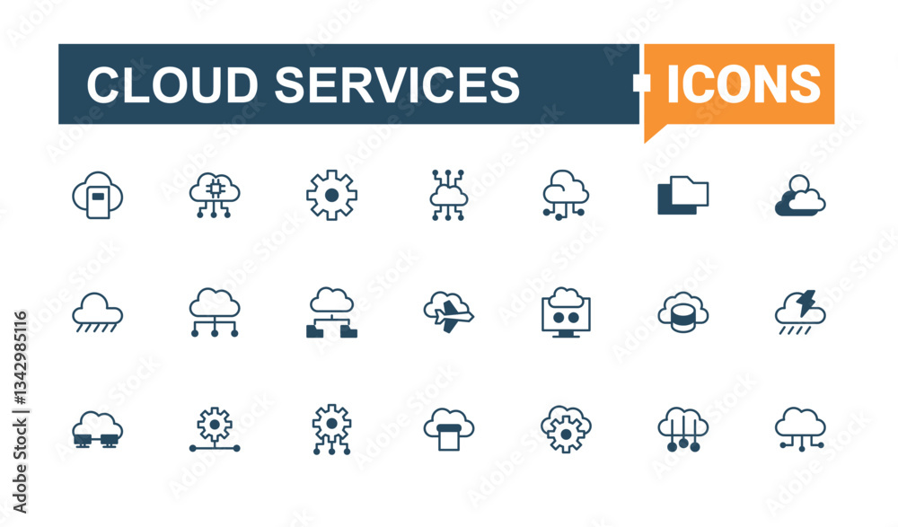 Poster cloud services line icon. pack of network, internet, computing, computer, database and more. cloud c
