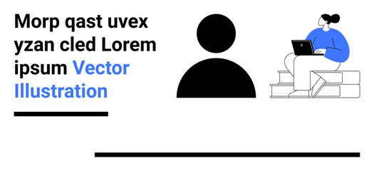 Profile icon beside a person sitting on stacked books, working on a laptop. Placeholder text and design elements. Ideal for UI mockups, education, teamwork, minimalism, branding, apps simple landing