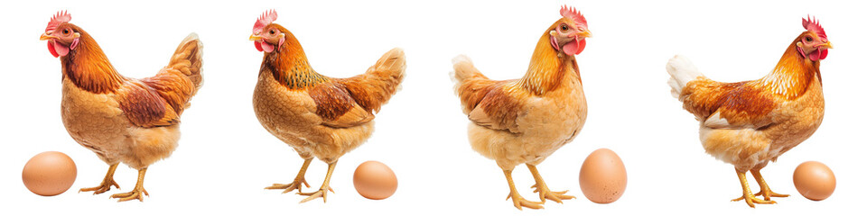 Fototapeta premium Three vibrant free range chickens and their freshly laid eggs set against a plain white backdrop showcasing the natural beauty and versatility of this domesticated fowl