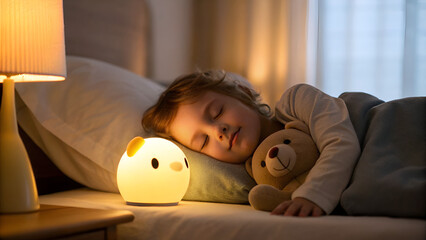healthy sleep habits darkness routine consistency A child peacefully sleeps with a teddy bear beside a glowing night lamp.