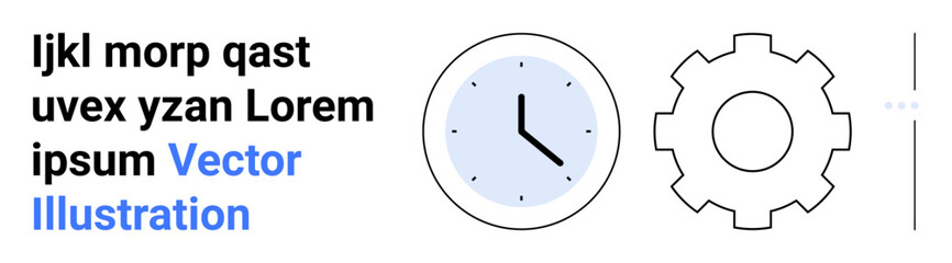 Clock with blue background and black hands alongside a gear outline. Ideal for time management, process optimization, teamwork, productivity, efficiency, workflow, simple landing page