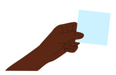 Fototapeta premium Black Hand holding blue sticky note, blank peace of paper. Flat vector illustration isolated ontransparent background