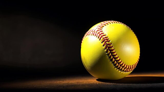 Close up of Yellow Softball with Red Stitching Illuminated Against Dark Background, Highlighting Texture and Vibrant Color in Sports Ball, Creating Dramatic and Focused Composition