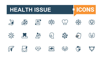 Health Issue icon set. Contains such icons as health, medicine, sick, care, illness, health care and more. Disease icon set. Modern vector illustration. Solid line editable stroke. Vector collection.