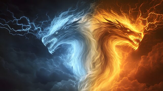 A legendary three-headed dragon, each head breathing a different elemental force: fire, ice, and lightning