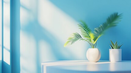 Fototapeta premium A serene interior scene featuring potted plants against a blue wall with soft shadows.