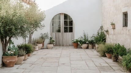 Obraz premium Serene Mediterranean Courtyard with Terracotta Pots and Arched Wooden Door