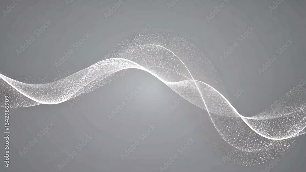 Poster abstract white particles forming wavy lines on a gray background creating a dynamic design