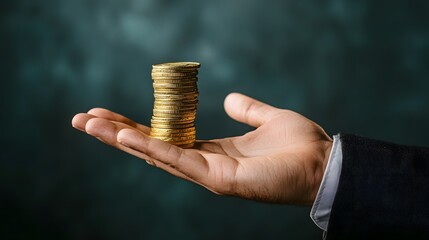 Businessman s hand holding a stack of golden coins