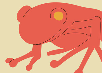 A bright red frog with large eyes and delicate limbs in a minimalistic art style
