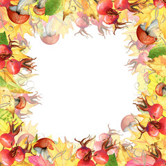 Autumn watercolor png illustration: elegant frame, square wreath floral composition. Hand drawn isolated art on transparent background.  Element for design flyer, invitation, textile, card, scrapbook