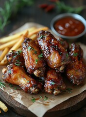 Glazed chicken wings, fries, sauce, dark wood, food photography, menu