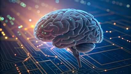 Fototapeta premium Neurodiversity Technology A futuristic brain design over a circuit board background, symbolizing technology and intelligence.