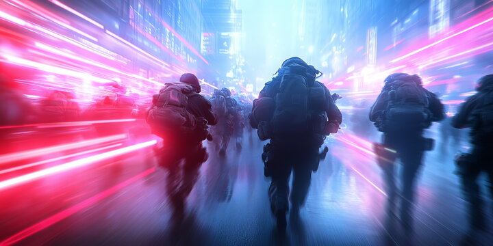 Cyber warfare or team shooting play, laser gun weapons and tag sensors.