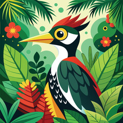 Obraz premium Vibrant Tropical Forest Birds: A Woodpecker Pattern Vector Illustration
