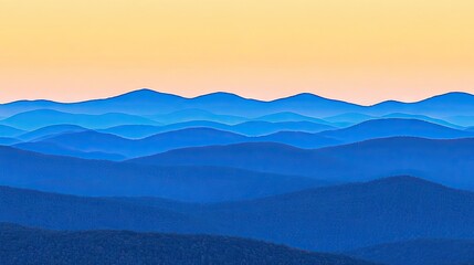 Obraz premium Blue layered mountains fade into golden sky at dusk in peaceful landscape scene