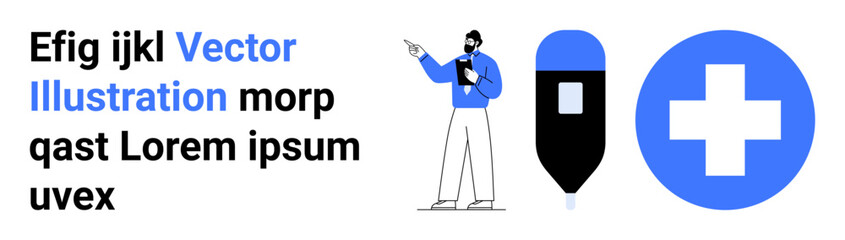 Medical expert holding clipboard, large blood drop, blue cross healthcare symbol. Ideal for healthcare, medical guidance, digital health tools, education, technology, safety simple landing page