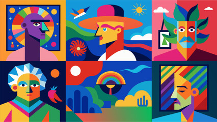 A collection of vibrant abstract paintings by a retiree showcasing their newfound passion for expressionism.. Vector illustration