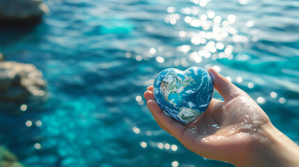 Hands holding a heart-shaped Earth with a water background, symbolizing World Water Day and reminding us to protect our planet and water