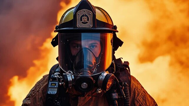 Courage in Flames: A determined firefighter, encased in protective gear, stands resolute against a backdrop of raging fire, embodying bravery and resilience.