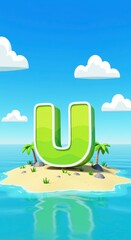 Fototapeta premium Letter U on Tropical Island with Palm Trees Cartoon Illustration