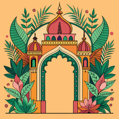 Tropical Mughal Architecture: Hand-Drawn Frame with Intricate Botanical Elements