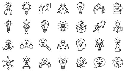 Creative Idea and Innovation Line Icons – Brainstorming, Lightbulb, Business Solutions, Problem-Solving, Startup, Thinking, Collaboration, and Creativity Icon Set