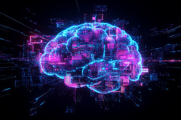 Fototapeta premium Digital Brain with Neon Circuit Connections