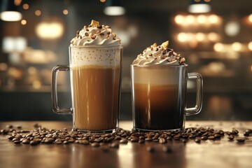 Two glass mugs of coffee adorned with generous whipped cream and chocolate chips, surrounded by coffee beans on warm cafe table setting, creating cozy atmosphere