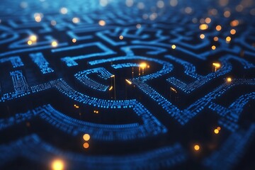 Abstract digital maze pattern interconnected circuit elements ethical dilemma symbolism deep blue tech aesthetic