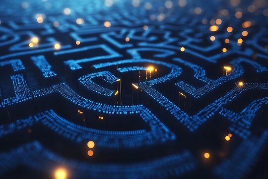 Abstract digital maze pattern interconnected circuit elements ethical dilemma symbolism deep blue tech aesthetic