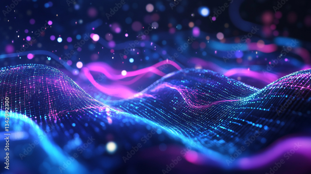 Poster holographic particle waves flowing across a gradient tech-inspired blue and purple background, creat
