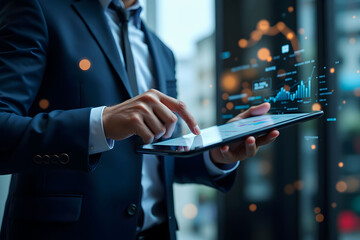 Technology-driven investment analysis with a businessman using a digital display.