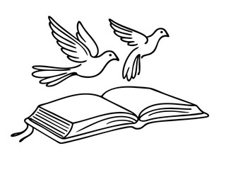 Fototapeta premium Two birds flying above an open book on a transparent background 