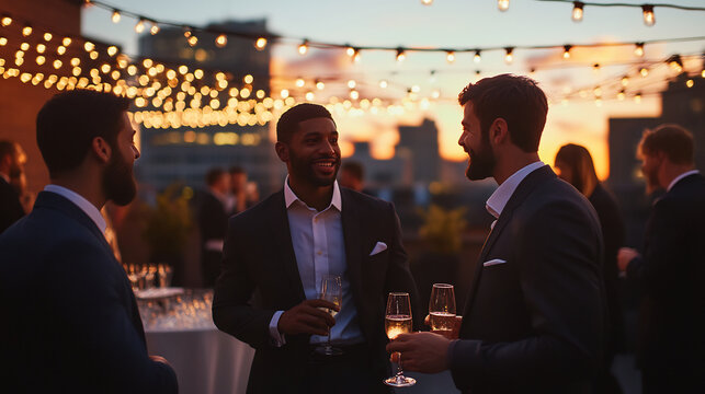 Men in suits socializing at a rooftop party during sunset, holding champagne glasses with city skyline and string lights in the background. Celebration and luxury lifestyle concept