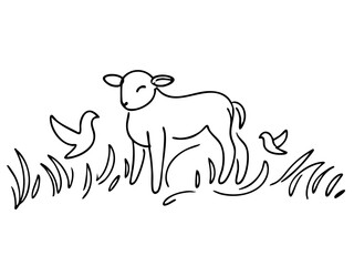 Fototapeta premium Line art of a happy lamb with birds in grass 