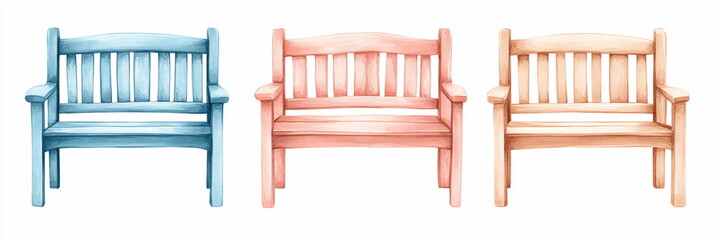 Three Watercolor Painted Wooden Benches in Pastel Colors Blue Pink Beige Perfect for Garden Park Outdoor Sitting Relaxing